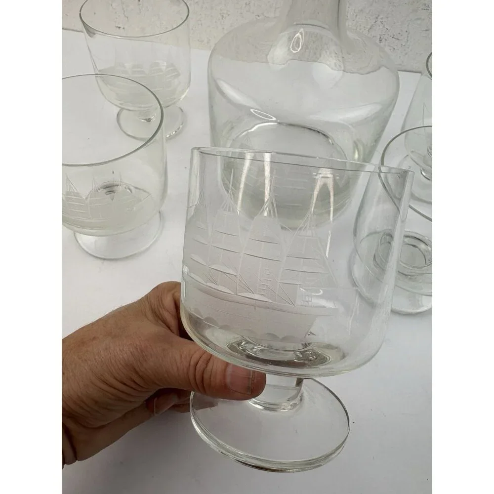 Vintage Etched Glass Decantur & 5 Glasses Clipper Ship Nautical Bar Barware